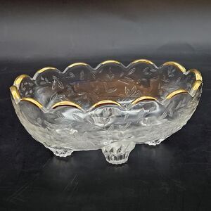 Jeannette Glass Louisa Floragold Footed Candy Dish Gold Trim Oval Vintage